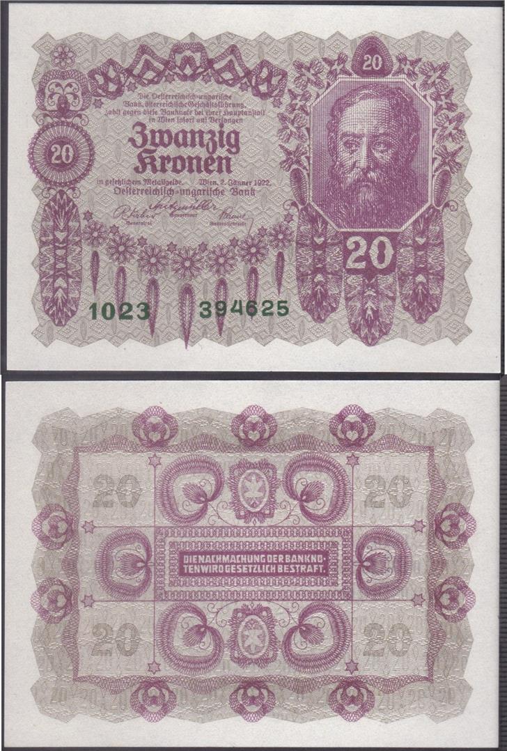 Original 1922 P-76 Banknotes UNC Austria 20 Kronen