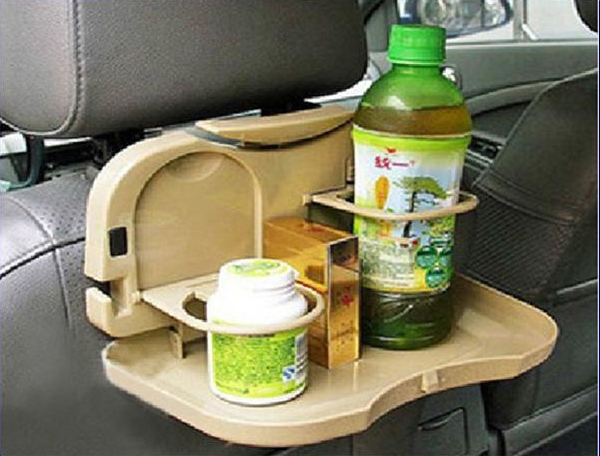 Automotive meal tray trolley with folding rear seat tray table racks