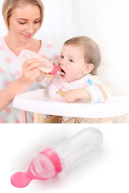 Baby Food Feeding Bottle with Spoon - Pink