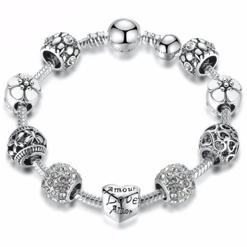 Bamoer 925s Silver Charm Bracelet With Love  &amp; Flower Crystal Ball Gift