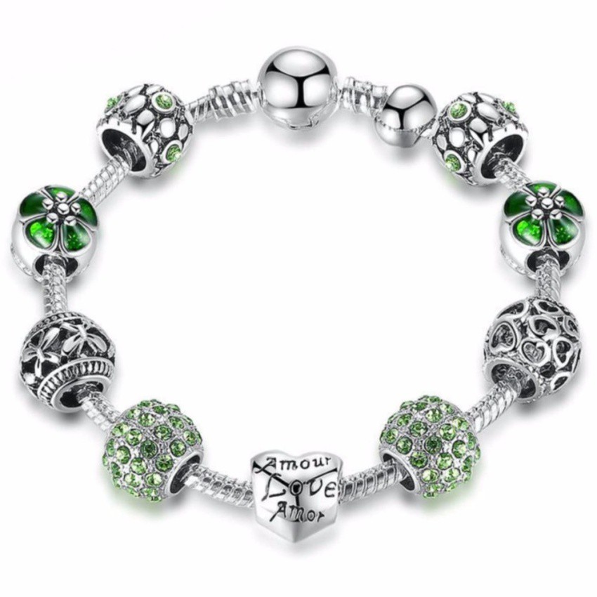 Bamoer 925s Silver Green Charm Bracelet With Love  &amp; Flower Crystal Ball G