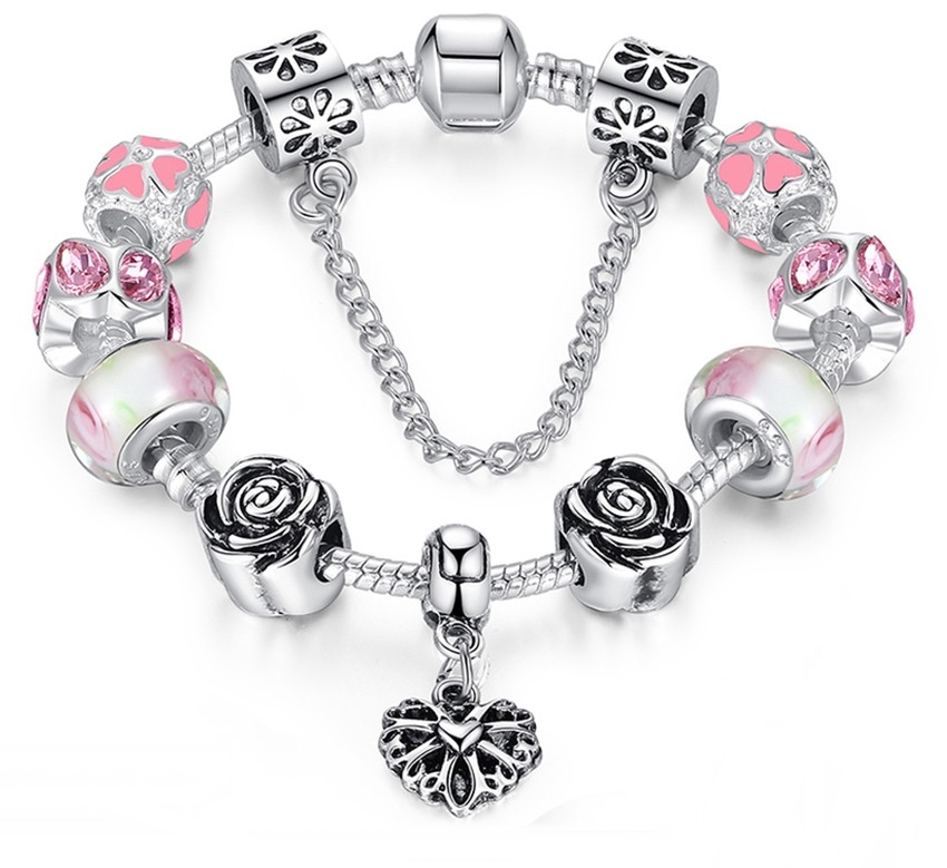 Bamoer 925s Silver Pink Charm Bracelet Heart  &amp; Roses Safety Chain