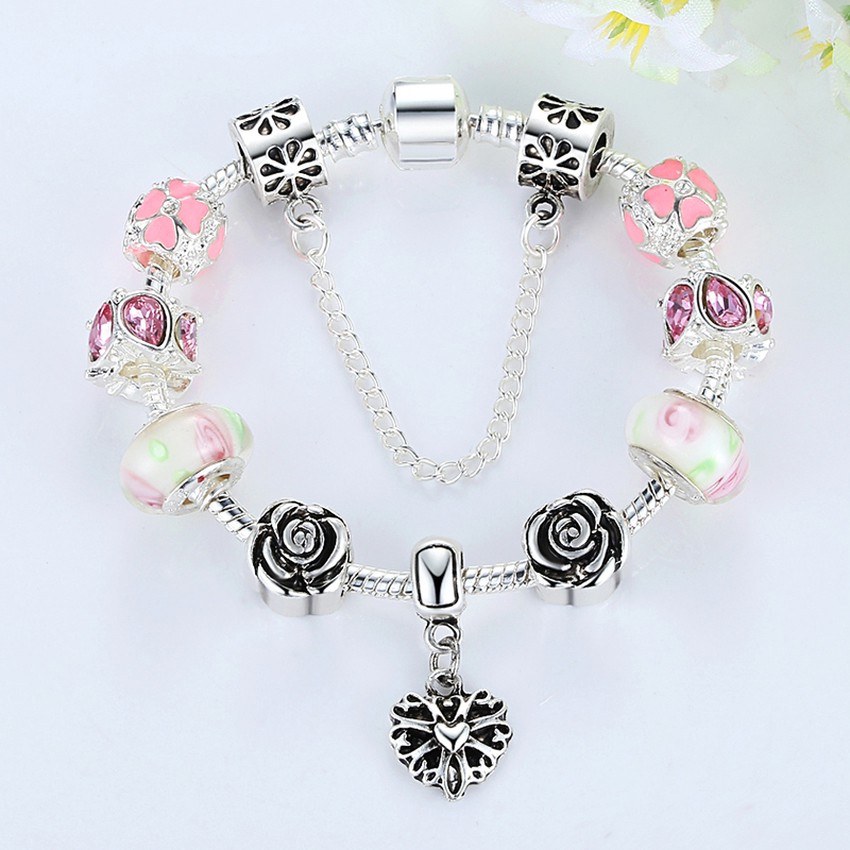 Bamoer 925s Silver Pink Charm Bracelet Heart  &amp; Roses Safety Chain