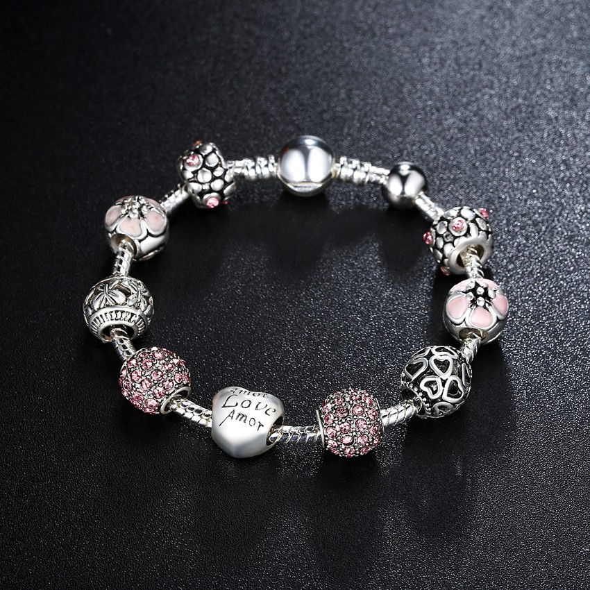 Bamoer 925s Silver Pink Charm Bracelet With Love  &amp; Flower Crystal Ball