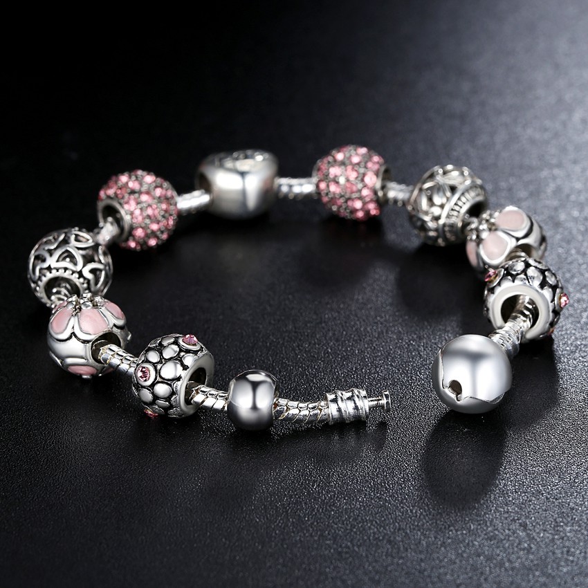 Bamoer 925s Silver Pink Charm Bracelet With Love  &amp; Flower Crystal Ball