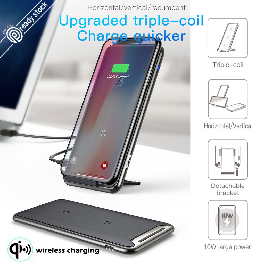 Baseus 10W 3 Coils QI Wireless Fast Charger For iPhone X 8 Samsung S9 S8 Plus