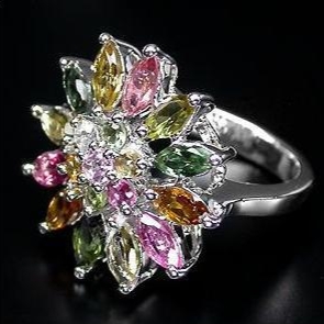 Beautiful top fancy multi colour Tourmaline silver ring - 6.97g