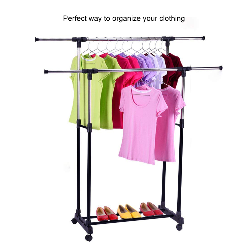 BIGSPOON Double Pole Garment Rack Adjustable Clothes Hanger (Black)