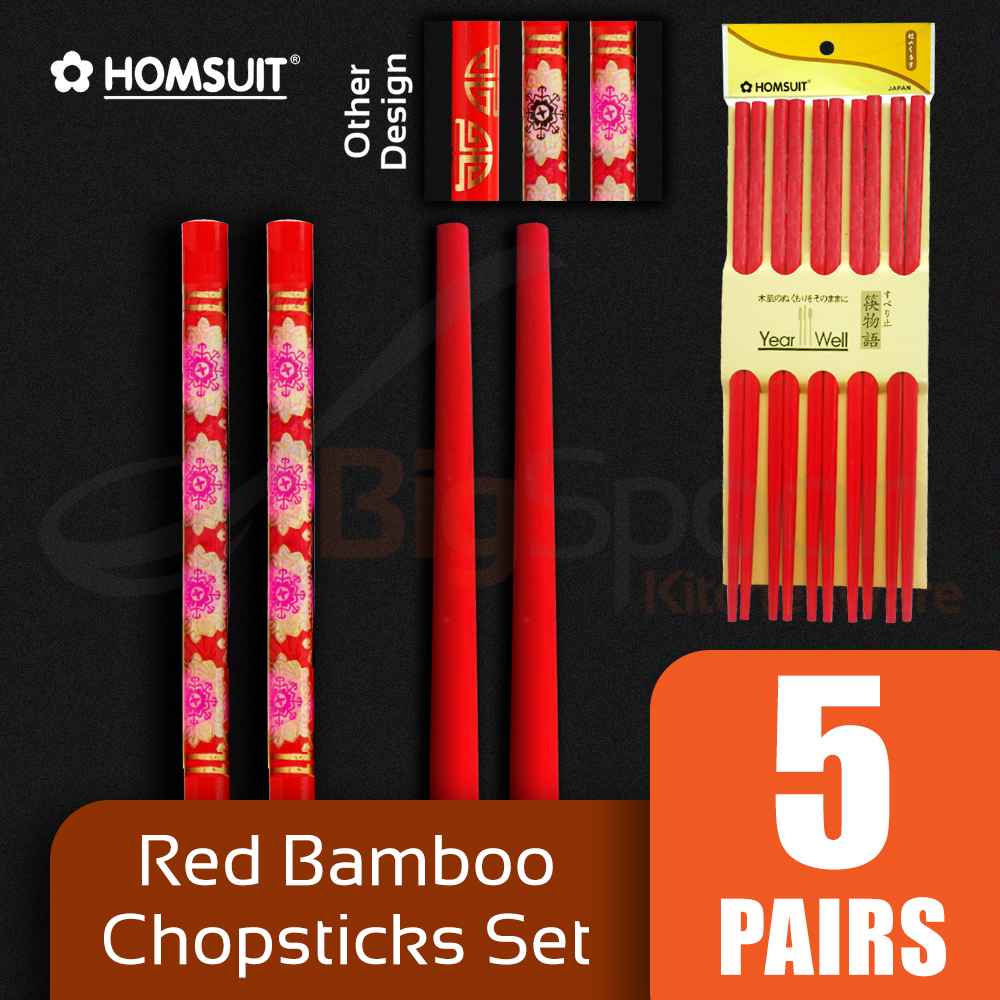 BIGSPOON HOMSUIT 5-Pair Set Red Bamboo Chopsticks with Design