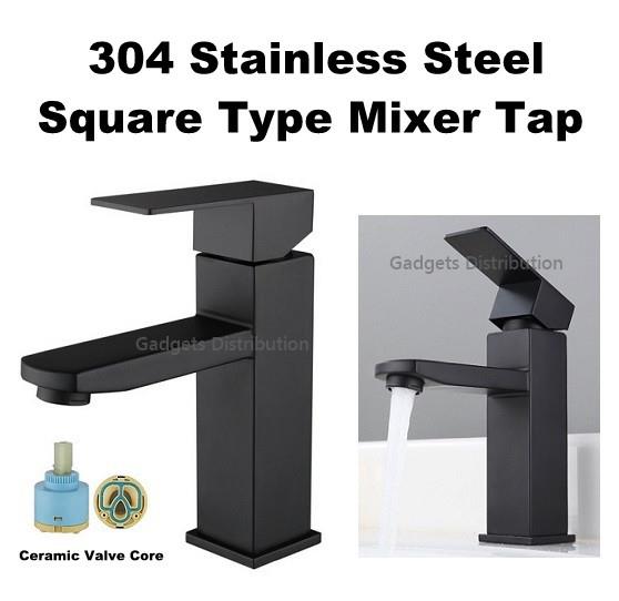 Black 304 Stainless Steel Basin Square Mixer Faucet Water Tap 2606.1