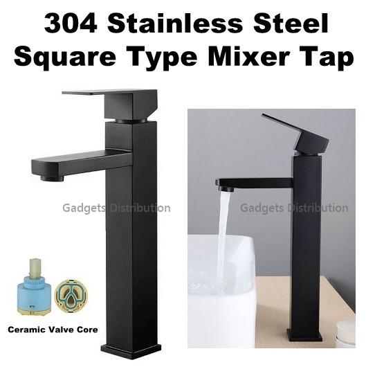 Black Tall 304 Stainless Steel Basin Square Mixer Water Tap 2607.1