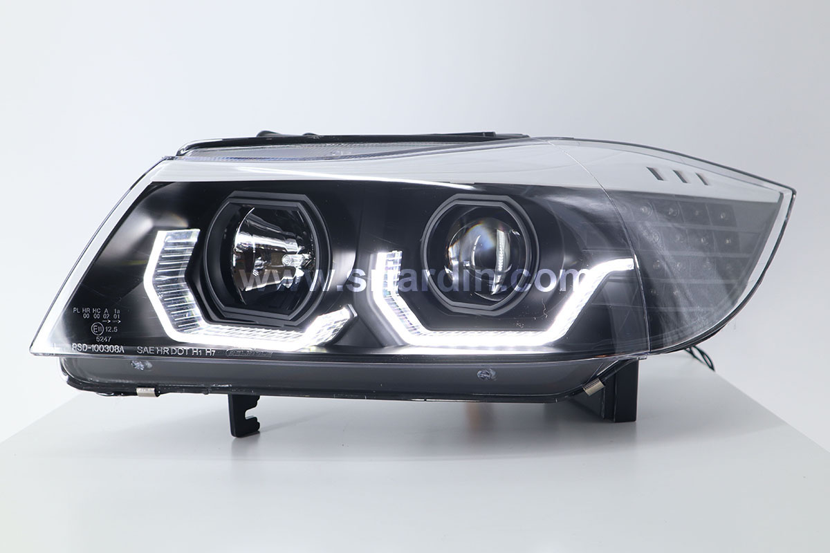 BMW E90 05-12 Black Projector Head Lamp w Crystal Bar v2