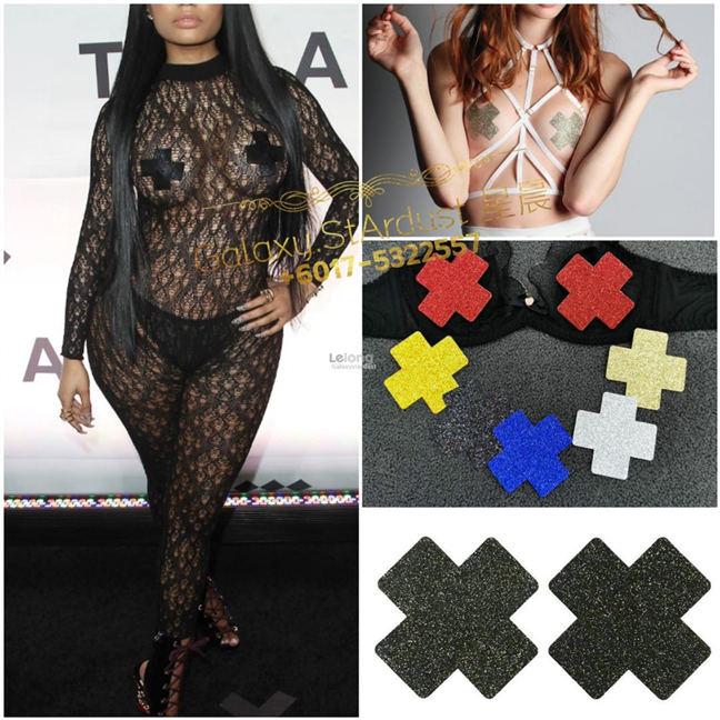 Braless Sparkles-X Nipple Cover-Shimmer Glittery Cross-Glam Chic Rave