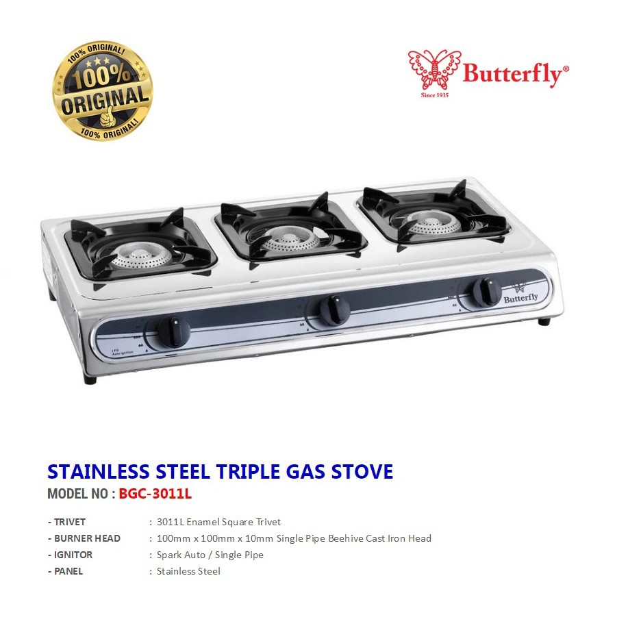 BUTTERFLY BGC-3011L Triple Burner gas Cooker / Dapur Tiga Tuku