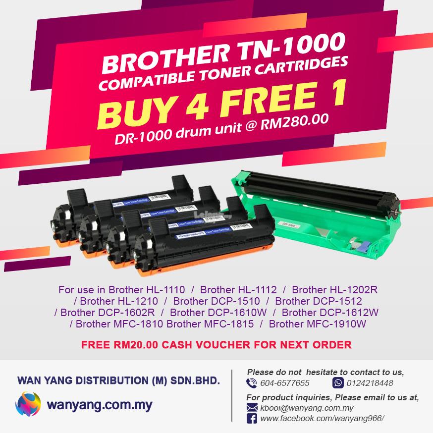 Buy two (4) free one Brother TN-1000 compatible toner cartridges free 