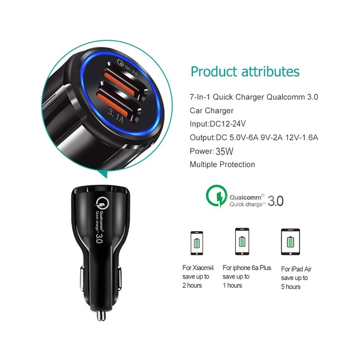 Car Charger 35W QC3.0 Dual USB Car Charger 6A Quick Charge 3.0