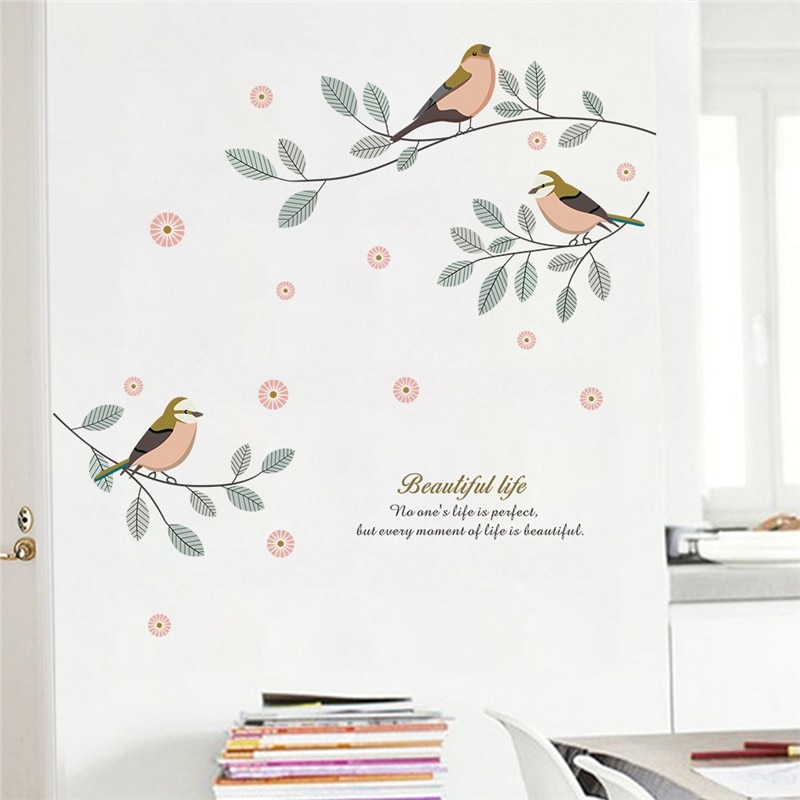 Cartoon Birds Tree Branch Wall Decals Living Room Bedroom Home Decor P