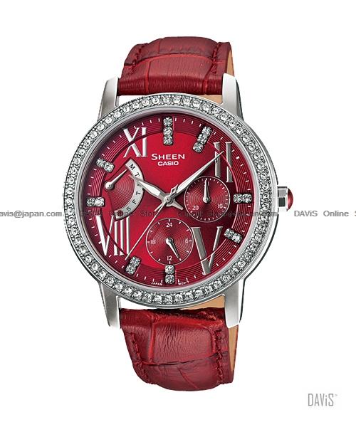 CASIO SHE-3025L-4A SHEEN multi-hand retrograde leather band red