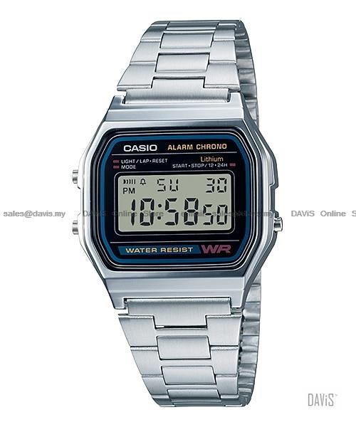 CASIO A158WA-1 STANDARD digital vintage alarm chrono bracelet silver