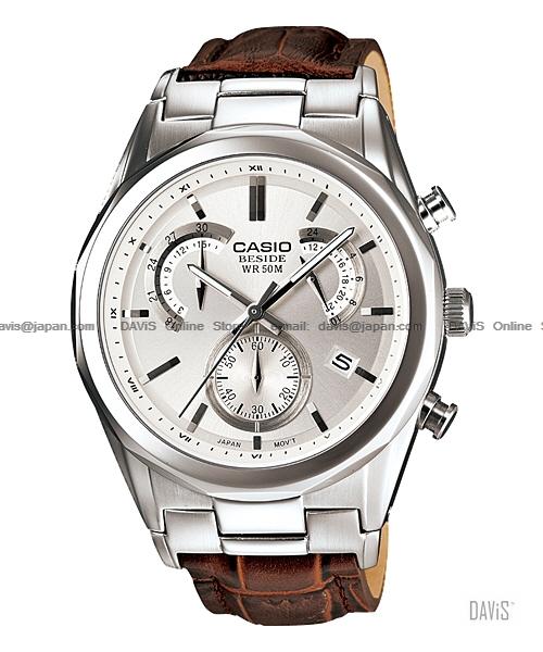CASIO BEM-509L-7AV BESIDE retrograde chrono leather strap silver