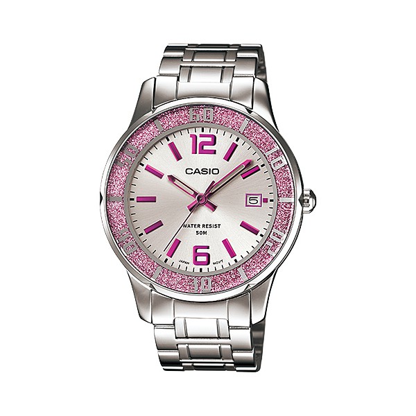 Casio LTP-1359D-4AV Women's Pink Sprinkled Bezel Metal Fashion Silver Dial Wat