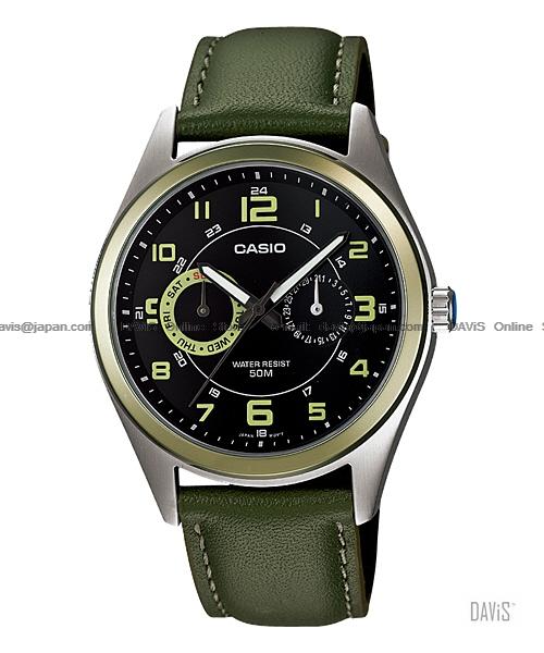 CASIO MTP-1353L-1BV STANDARD Analog multi-hand leather black green