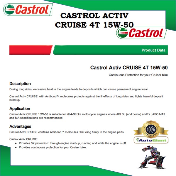 Castrol Activ Cruise 4T 15W-50 Continuous Protection for 4-Stroke Moto