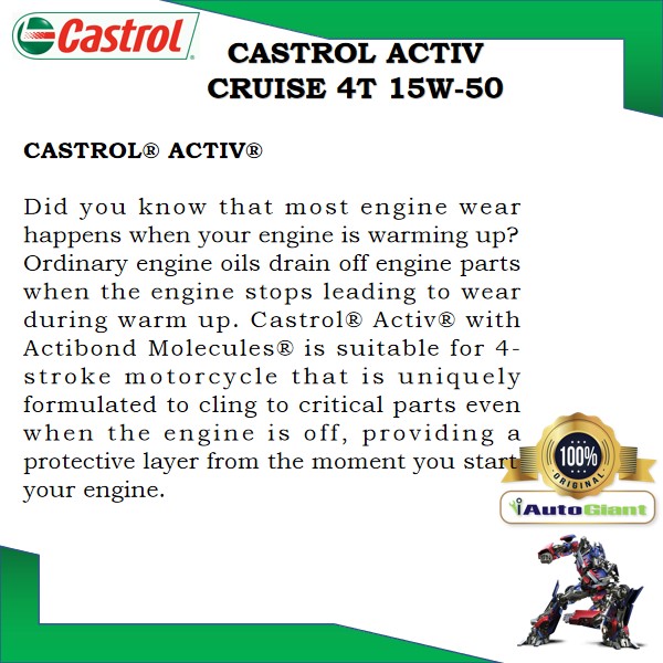 Castrol Activ Cruise 4T 15W-50 Continuous Protection for 4-Stroke Moto