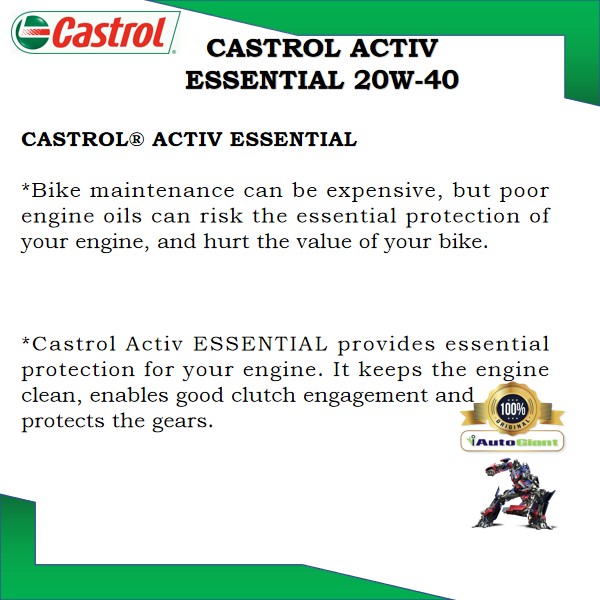 CASTROL ACTIV ESSENTIAL 4T 20W40 1L MINERAL (100% ORIGINAL)