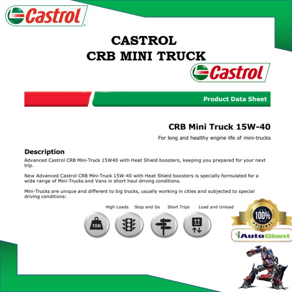 CASTROL CRB MINI TRUCK 15W40 CH-4, 7.5L, PAIL DIESEL ENGINE OIL