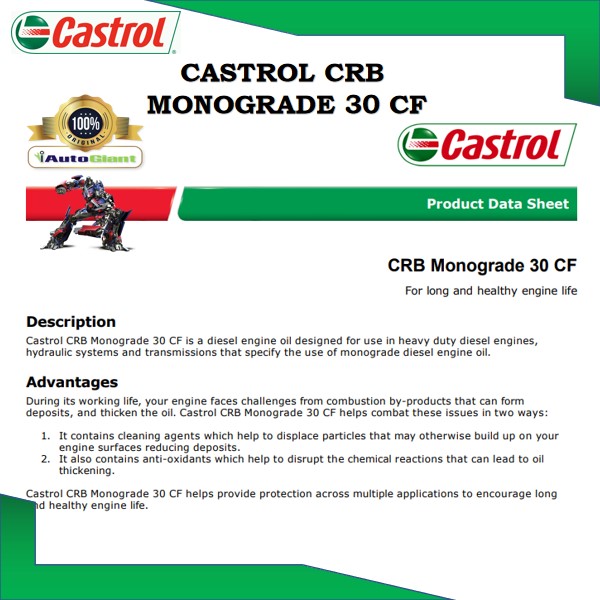 CASTROL CRB MONOGRADE 30CF, 18L, PAIL DIESEL ENGINE OIL (100%ORIGINAL)