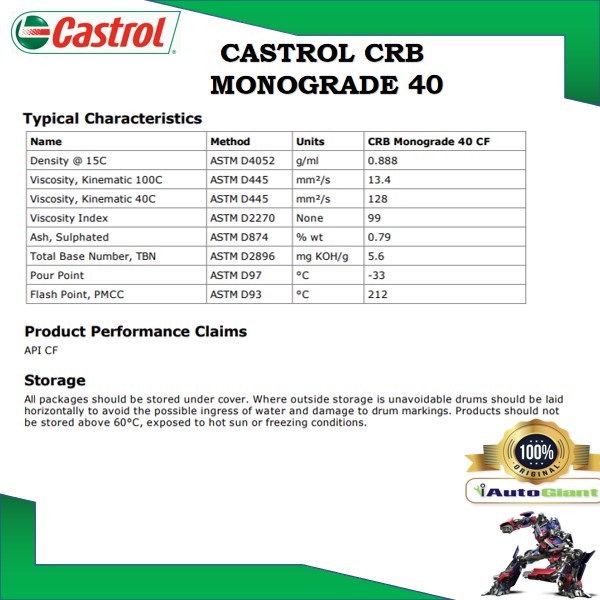 CASTROL CRB MONOGRADE 40CF, 18L, PAIL DIESEL ENGINE OIL (100%ORIGINAL)