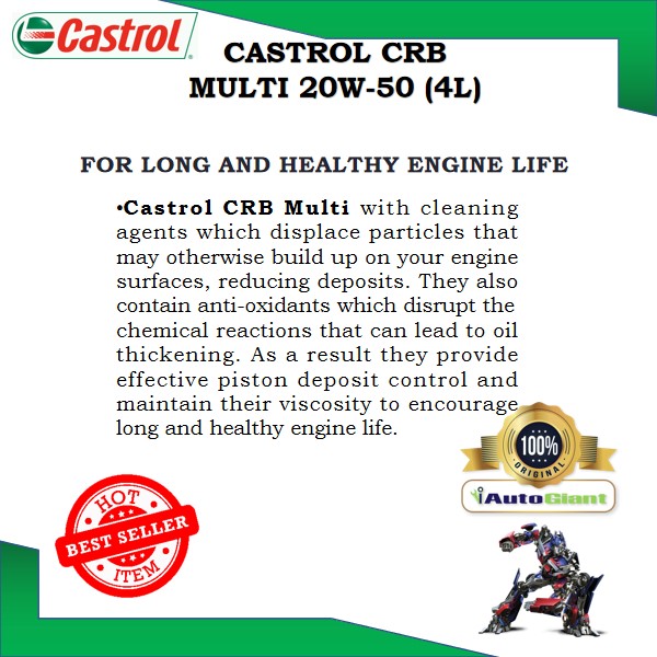 CASTROL CRB MULTI 20W50 CF-4, 4L DIESEL ENGINE OIL (100% ORIGINAL)
