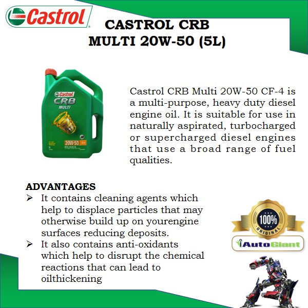 CASTROL CRB MULTI 20W50 CF-4, 5L DIESEL ENGINE OIL (100% ORIGINAL)