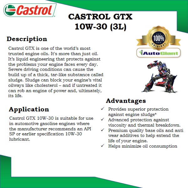 Castrol GTX 10W-30 SL/CF for Petrol and Diesel Vehicles (3L)