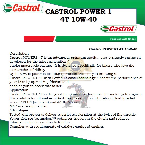 Castrol POWER1 4T 10W-40 Synthetic Technology for Bikes (1L)