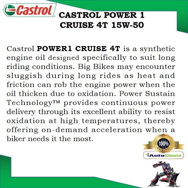 Castrol POWER1 Cruise 4T 15W-50 Synthetic Technology for Bikes (1L)