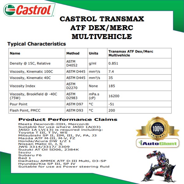 CASTROL TRANSMAX ATF DEX/MERC MULTIVEHICLE (4 LITER) (100% ORIGINAL)
