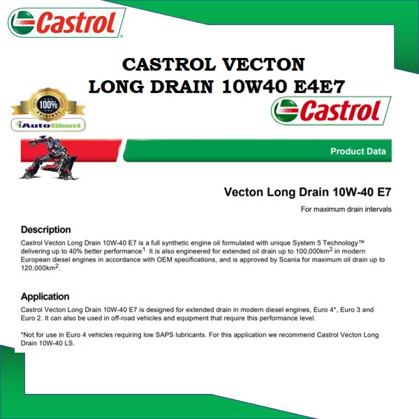 CASTROL VECTON LONG DRAIN 10W40 E4E7 18 LITER (100% ORIGINAL)