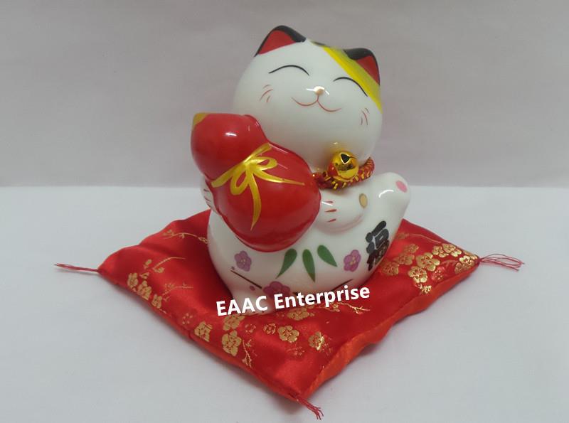 Ceramic Quality 4" Lucky Fortune Cat Saving Box Bank + Red Cushion &#2..