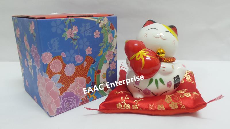 Ceramic Quality 4" Lucky Fortune Cat Saving Box Bank + Red Cushion &#2..