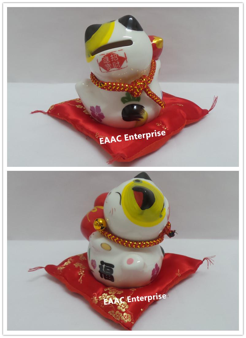 Ceramic Quality 4" Lucky Fortune Cat Saving Box Bank + Red Cushion &#2..