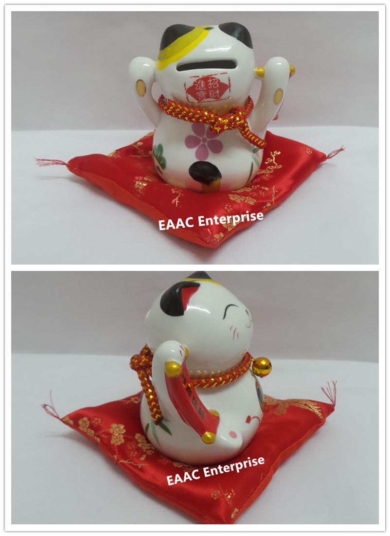 Ceramic Quality 4" Lucky Fortune Cat Saving Box Bank +Red Cushion &#25..