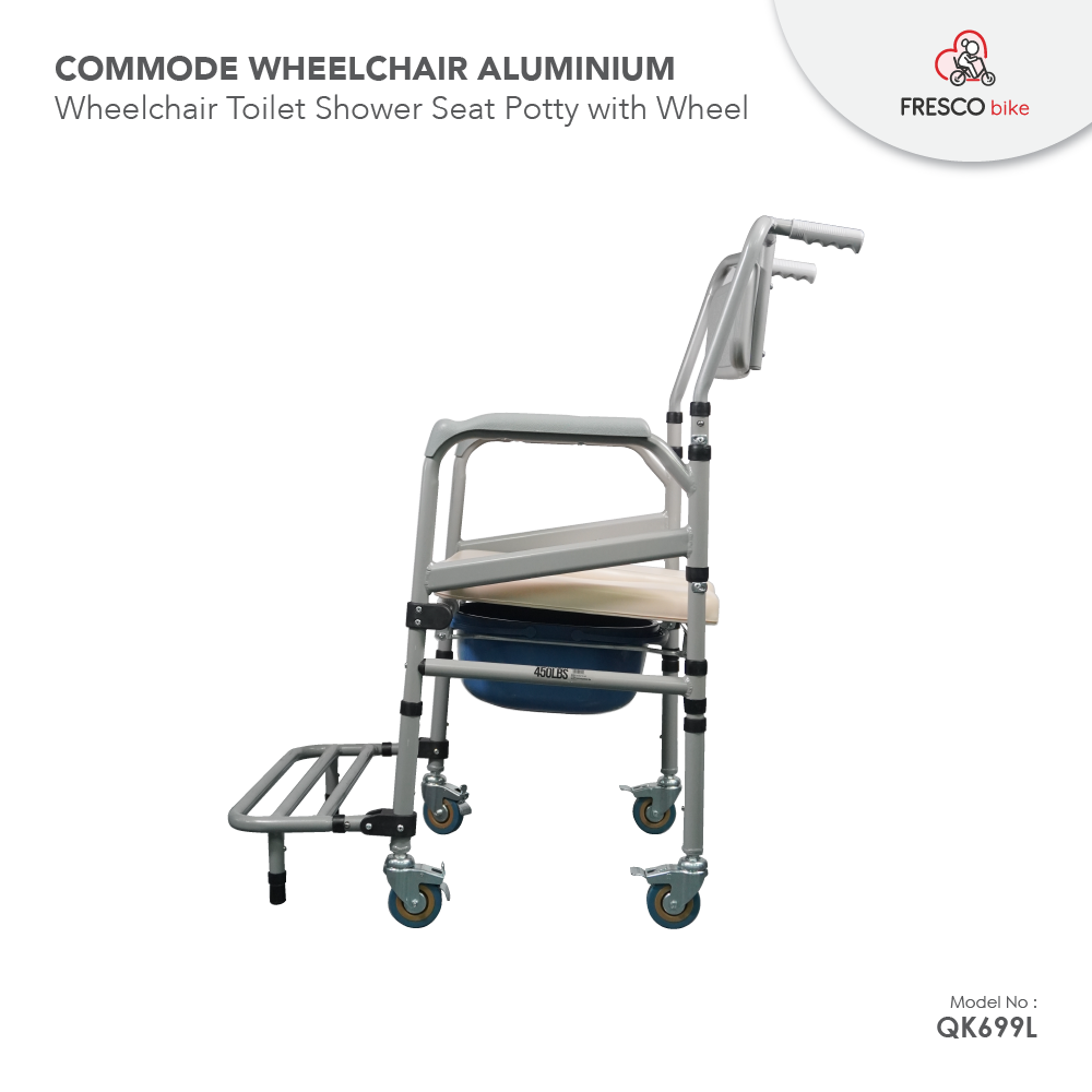 Commode Wheelchair Aluminum Toilet Shower Seat Potty with Wheel