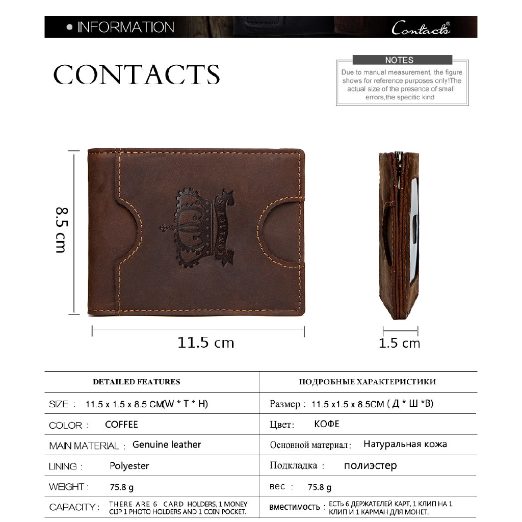 CONTACT'S Genuine Cowhide Leather Money Clip Wallet RFID Blocking Card Holder 