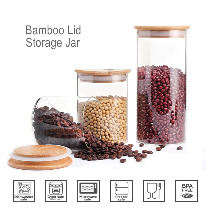 Cookie Jar, Glass Kitchen Canisters with Airtight Bamboo Lid, Glass Storage Ja