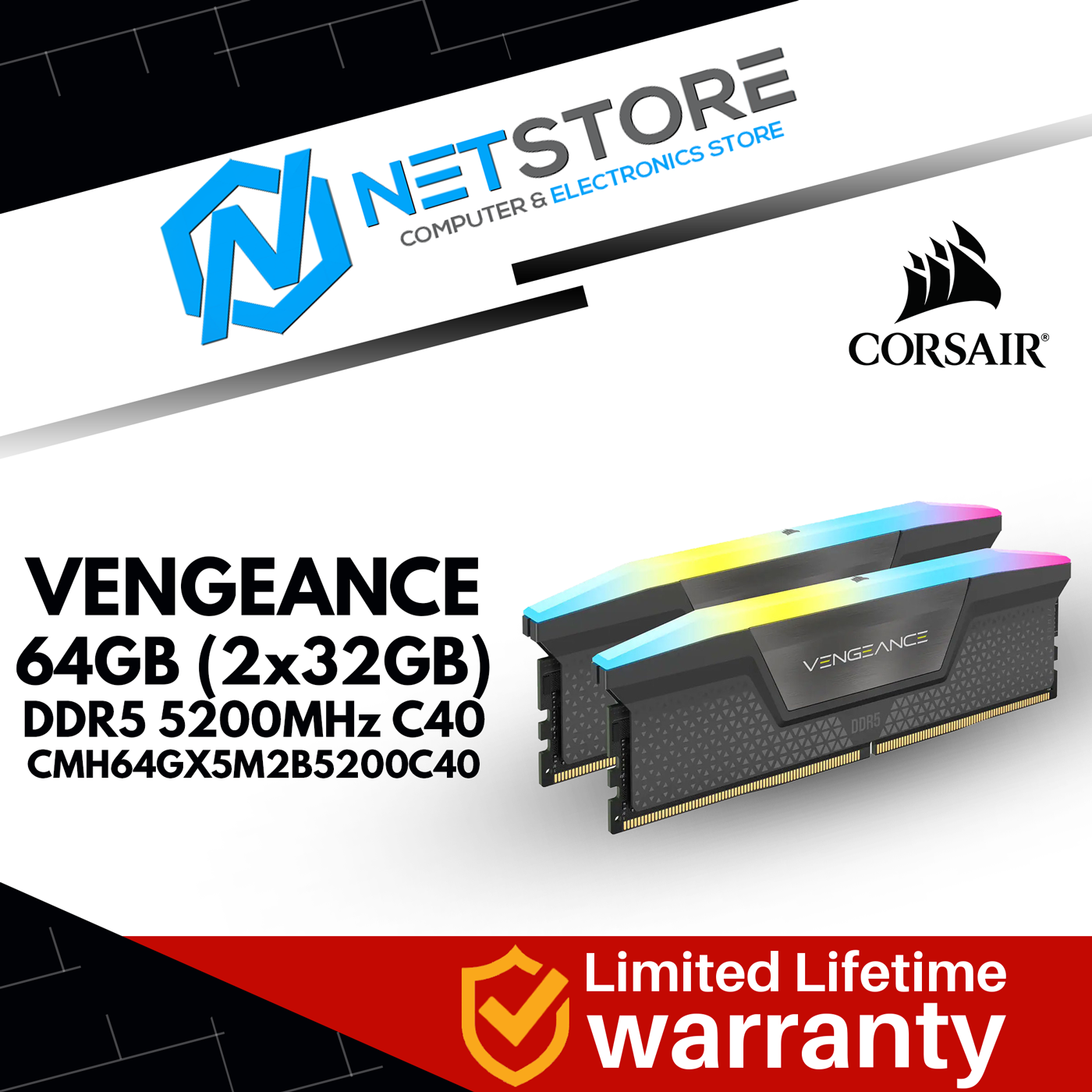 CORSAIR VENGEANCE RGB 64GB (2 x 32GB) DDR5 DRAM 5200 MHz C40 RAM