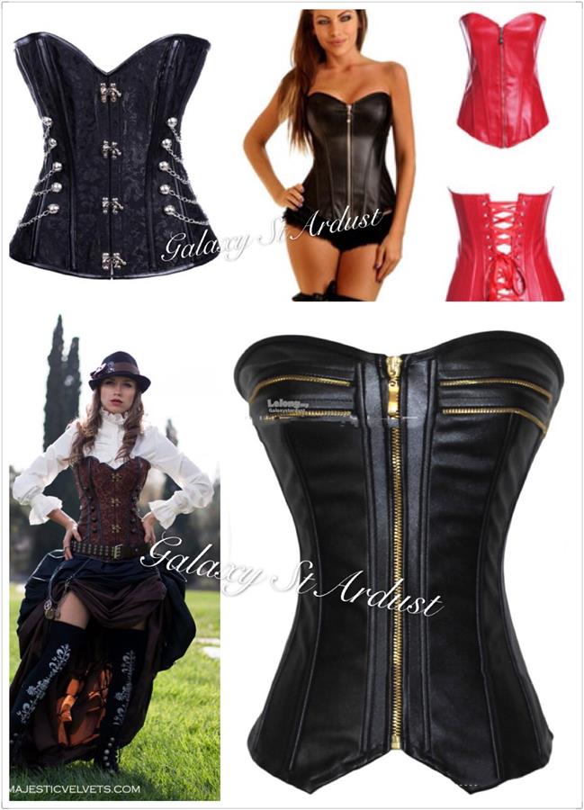 Corset-Hourglass PVC Shiny Leather-Buckle Chains-Steampunk Rock Retro 