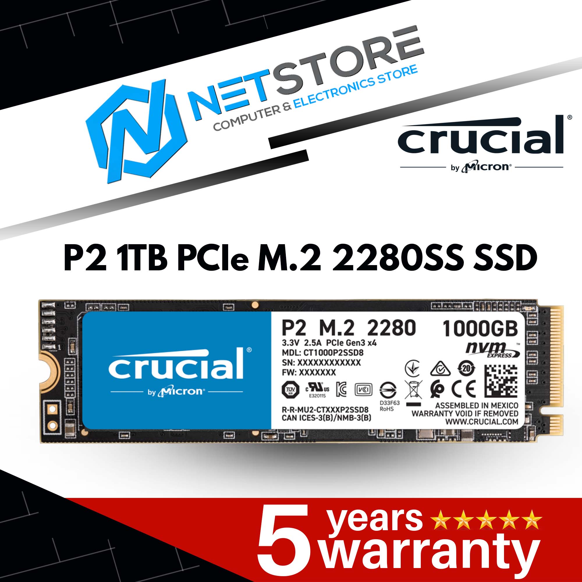 CRUCIAL P2 1TB PCIe M.2 2280SS SSD - CT1000P2SSD8