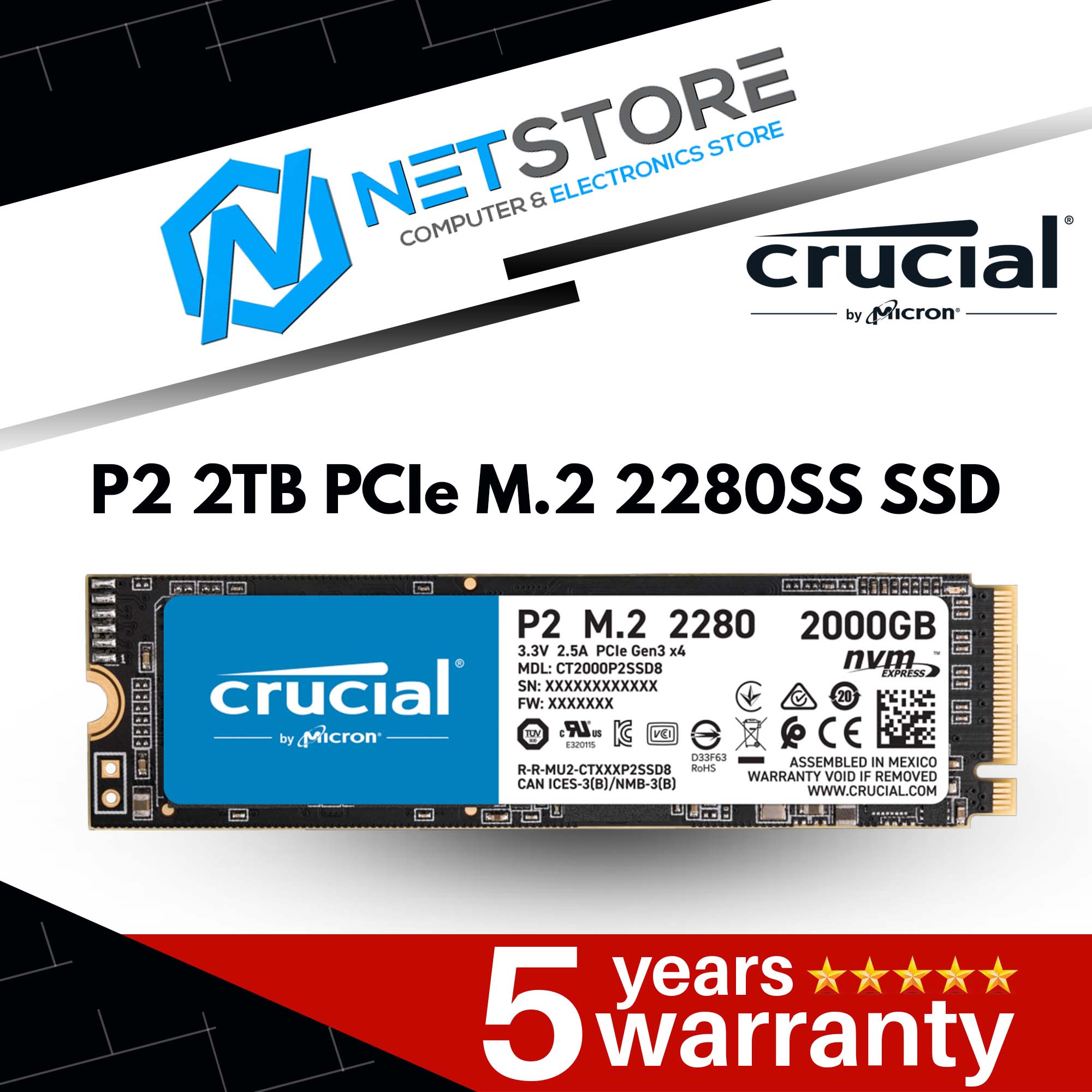 CRUCIAL P2 2TB PCIe M.2 2280SS SSD - CT2000P2SSD8